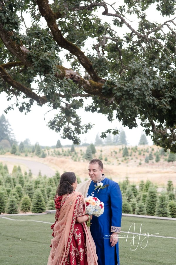 first look, bride and groom, bride bouquet,indian wedding, portland wedding flowers, portland wedding florist, oregon wedding florist, oregon wedding flowers, east indian wedding, northwest wedding, redland family farm 