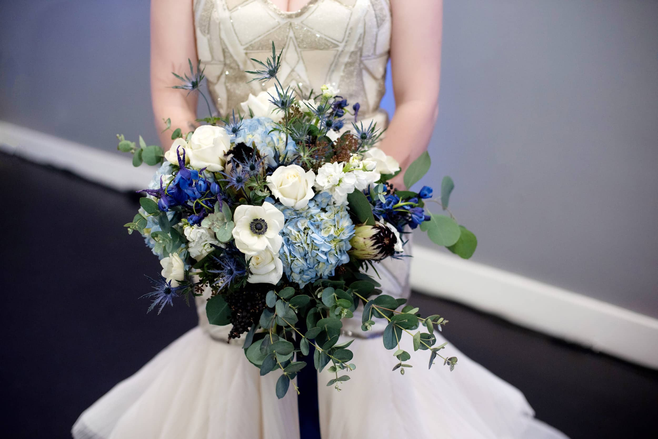 blue hydrangea, blue ribbon, blue bouquet, elegant romantic bouquet, high end luxury flowers, luxury wedding florist, bride bouquet, portland florist, portland wedding florist, oregon wedding florist, oregon wedding flowers, celestial wedding