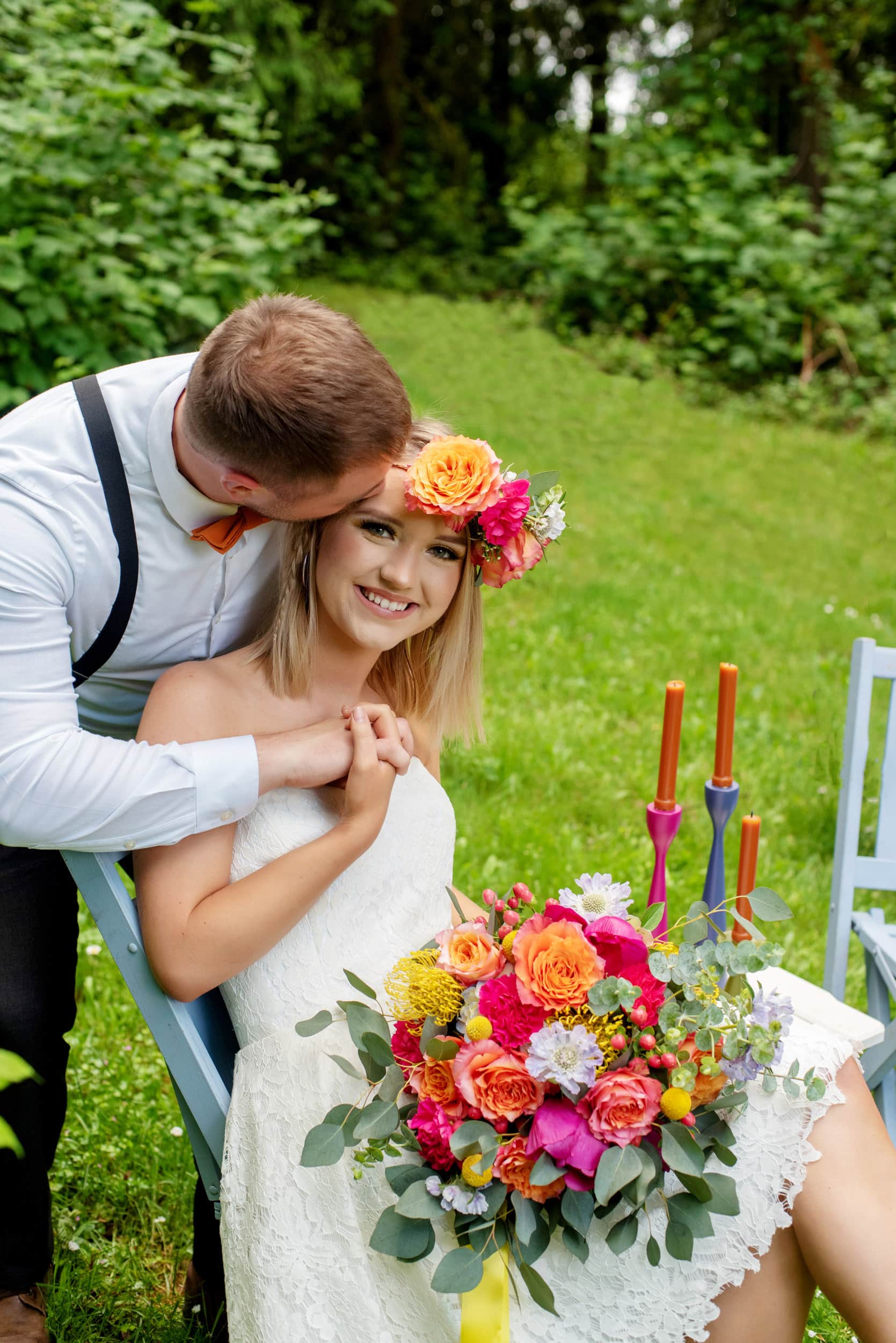 Bride bouquet, colorful wedding, hot pink and orange wedding flowers, bridal flower crown, lush and beautiful wedding bouquet, eucalyptus, garden roses