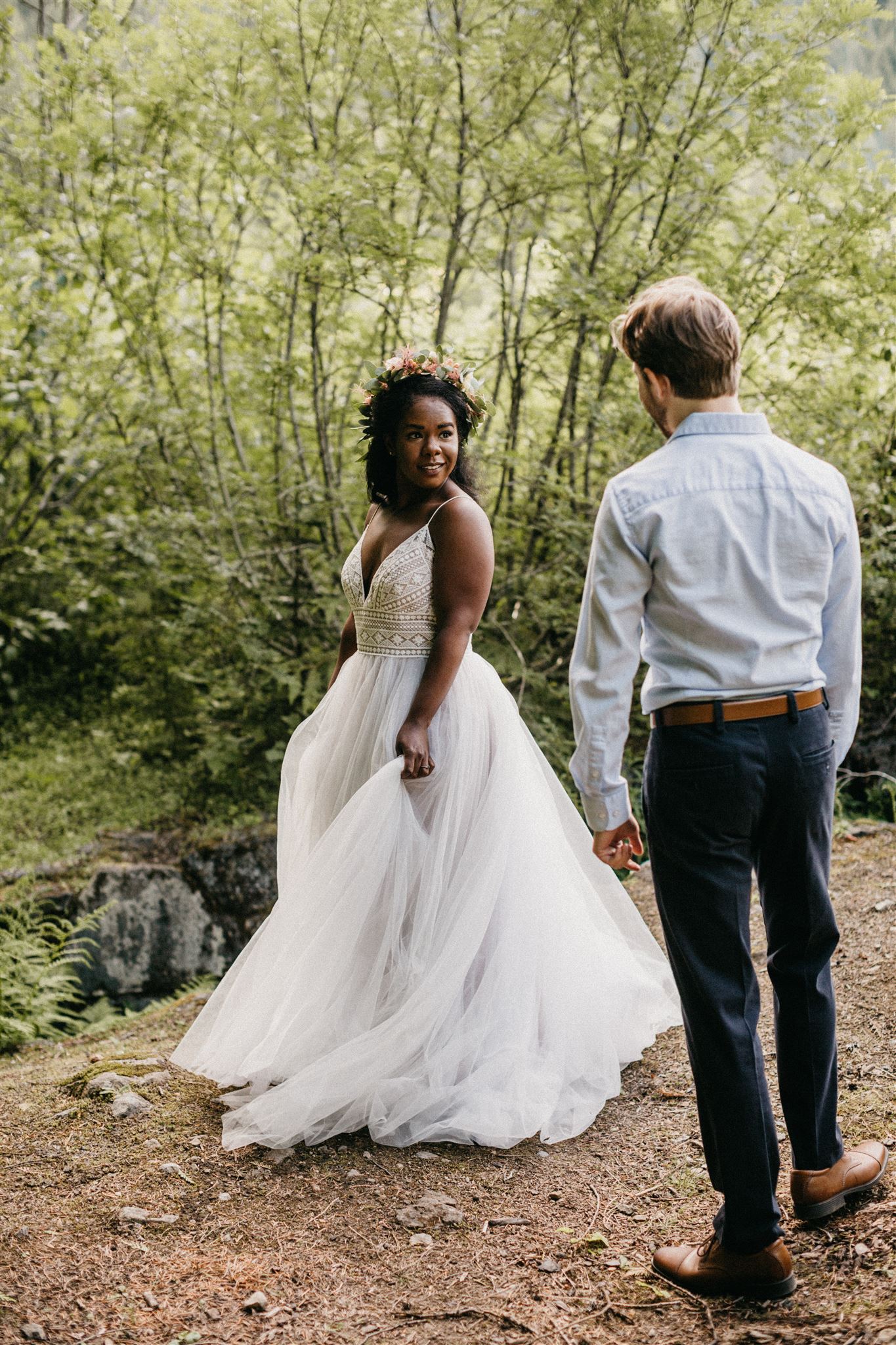 first look, forest wedding, bride and groom, engaged, engagement photos, elopement photos, elope, covid wedding