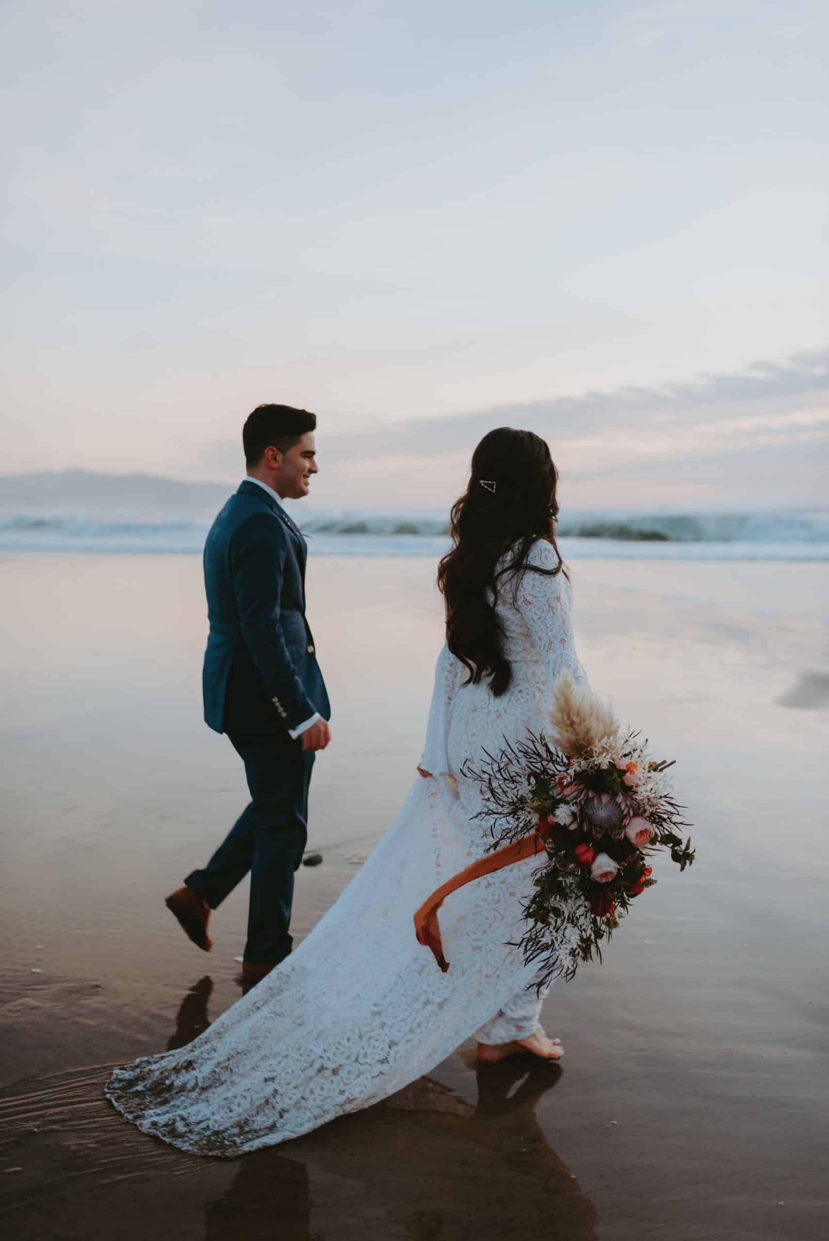 bride and groom, beach elopement, beach photoshoot, couple adventure session, boho bouquet