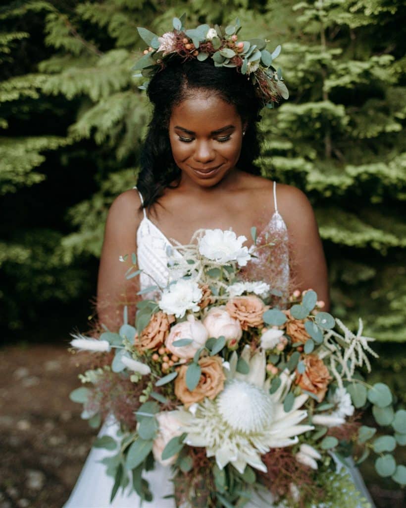 bride, bridal bouquet, oregon bride, oregon bride magazine, statement bouquet, wedding bouquet, large wedding bouquet, boho bouquet, king protea, toffee roses, black bride, oregon wedding flowers, oregon wedding florist, portland wedding flowers, portland wedding florist