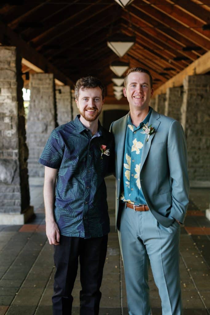 Groom and groomsmen wear tropical shirts and modern tropical wedding boutonnieres designed by top Portland wedding florist Flowers by Alana